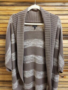 Express Short Sleeve Striped Chunky Knit Open Cardigan Dolman Batwing Shrug Sz L
